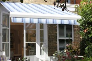 purple, white and blue awning