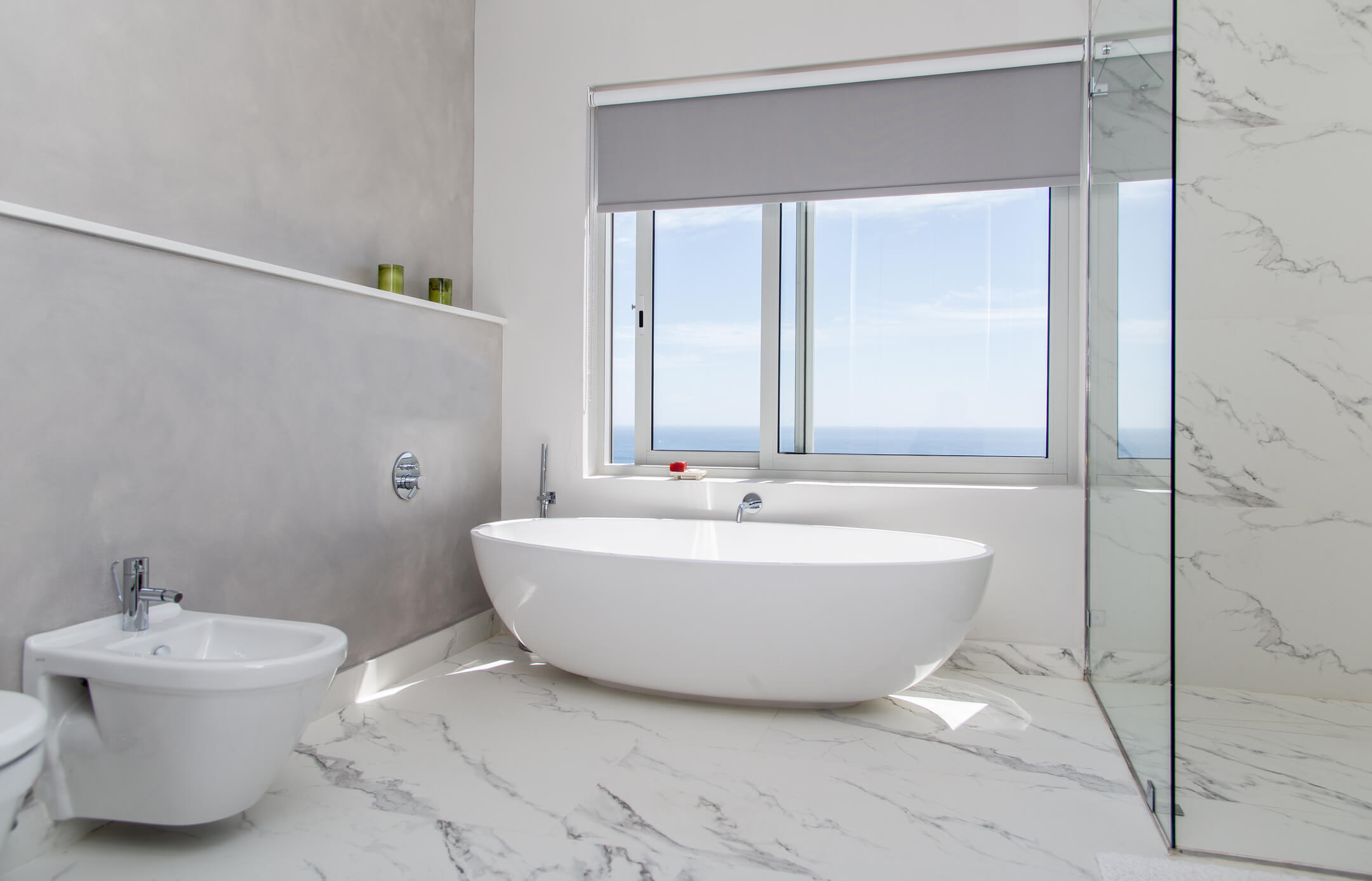 Modern bathroom with roman blinds